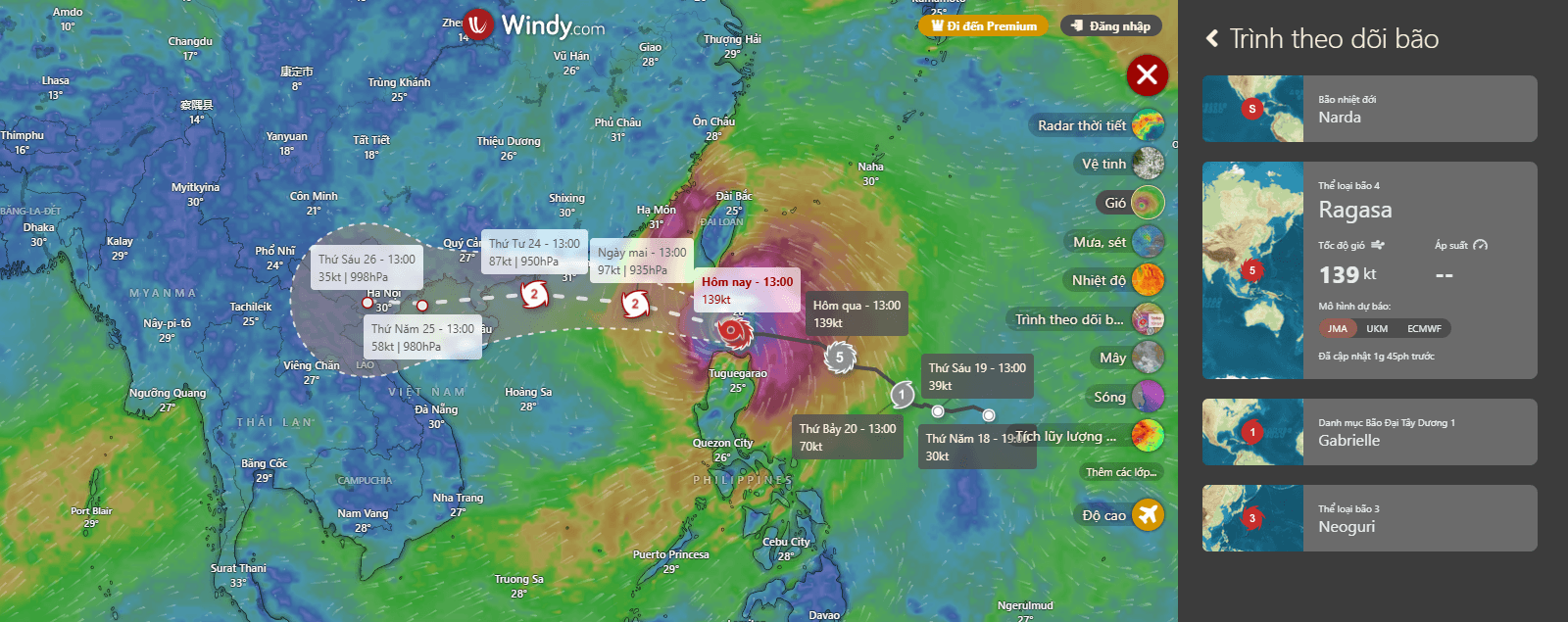 Bão Ragasa Windy hiển thị trực quan
