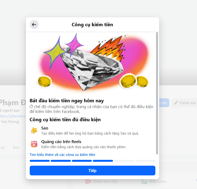 Bật " công cụ kiếm tiền" trên facebook cá nhân
